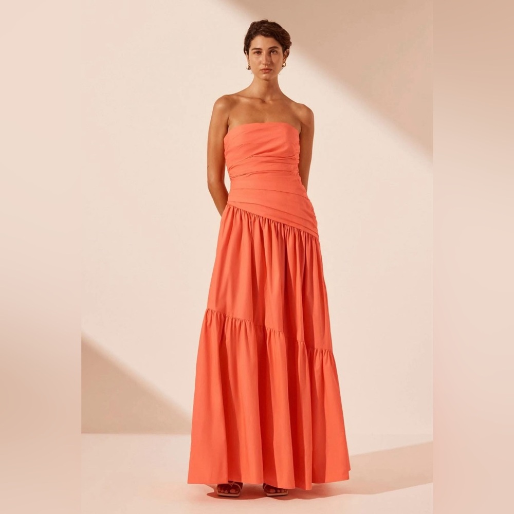 Shona Joy Strapless Tiered Maxi Dress in Coral